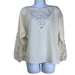 Townsen Medium Ivory Lace Cutouts Pullover Blouse Long Sleeve Boho Workwear